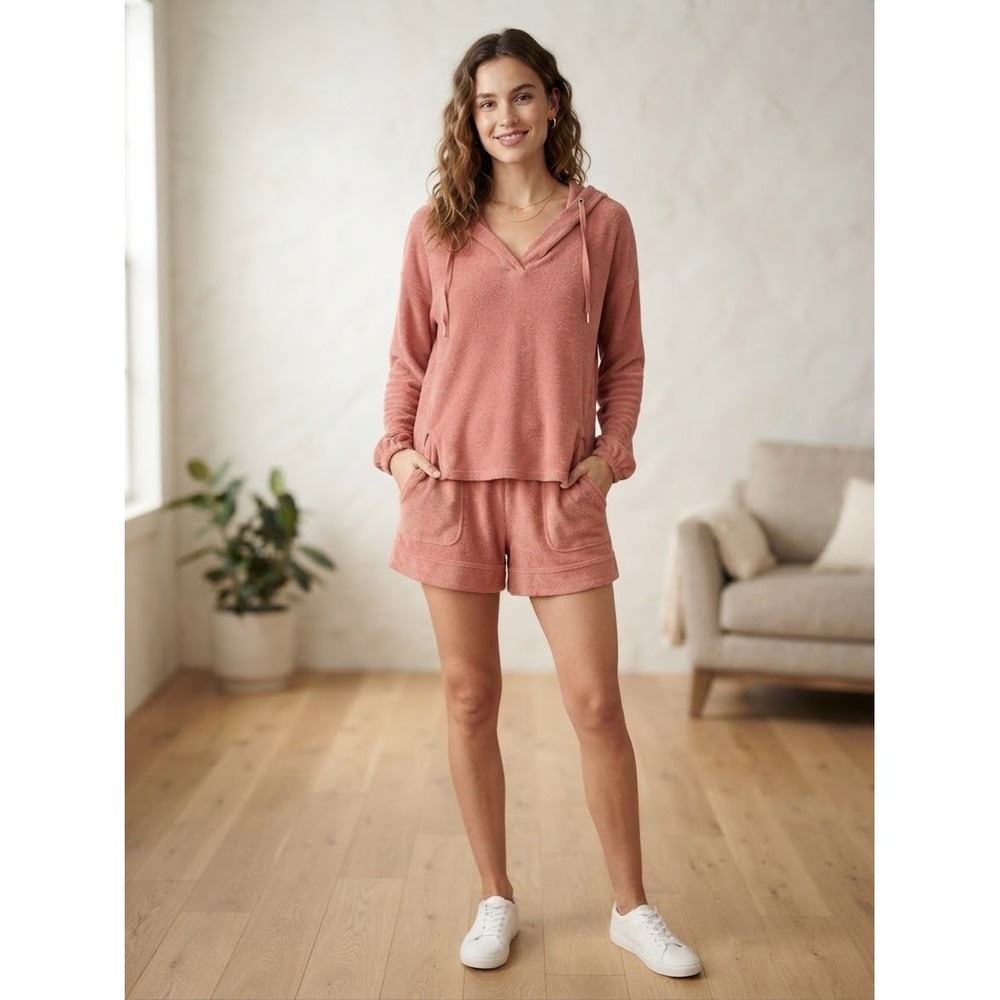 Soma Womens Lounge Set L Rose Bamboo Rayon WKND Hoodie and Shorts 2pc Loungewear